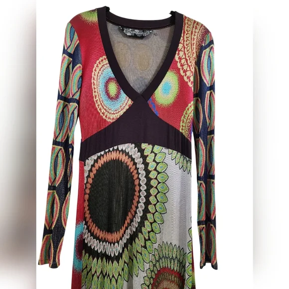 DESIGUAL abstract colorful long sleeve midi dress v-neck size XL - Picture 3 of 9